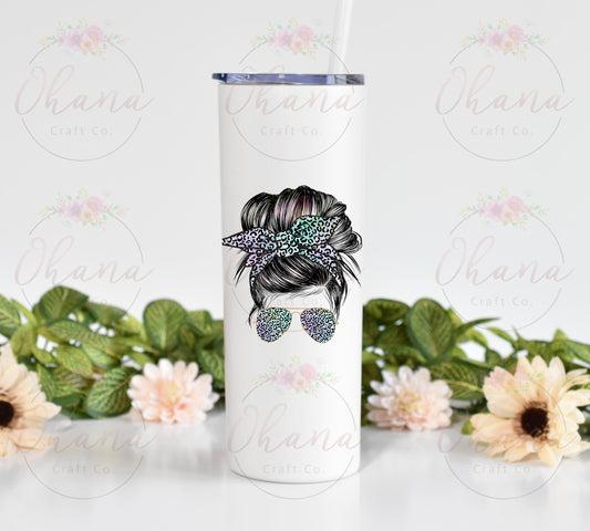 Rainbow Leopard Messy Bun & Glasses Girl 20 oz Tumbler with Straw