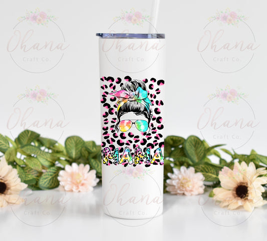 Rainbow Leopard Messy Bun Mama 20 oz Tumbler with Straw