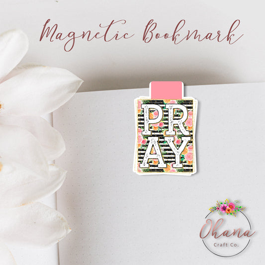 Pray Black Strip Floral Magnetic Bookmark