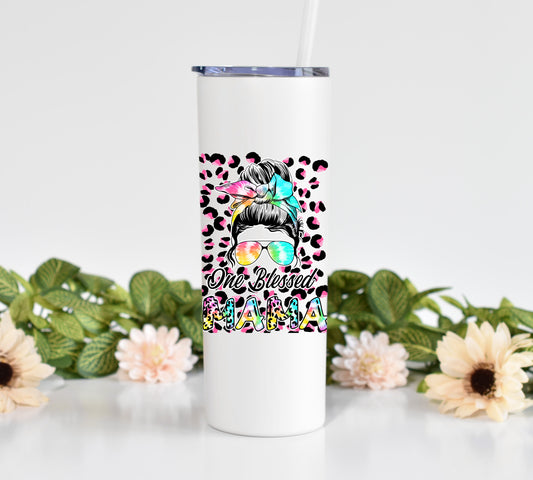 One Blessed Mama Bun Rainbow Leopard Print 20 oz Tumbler with Straw